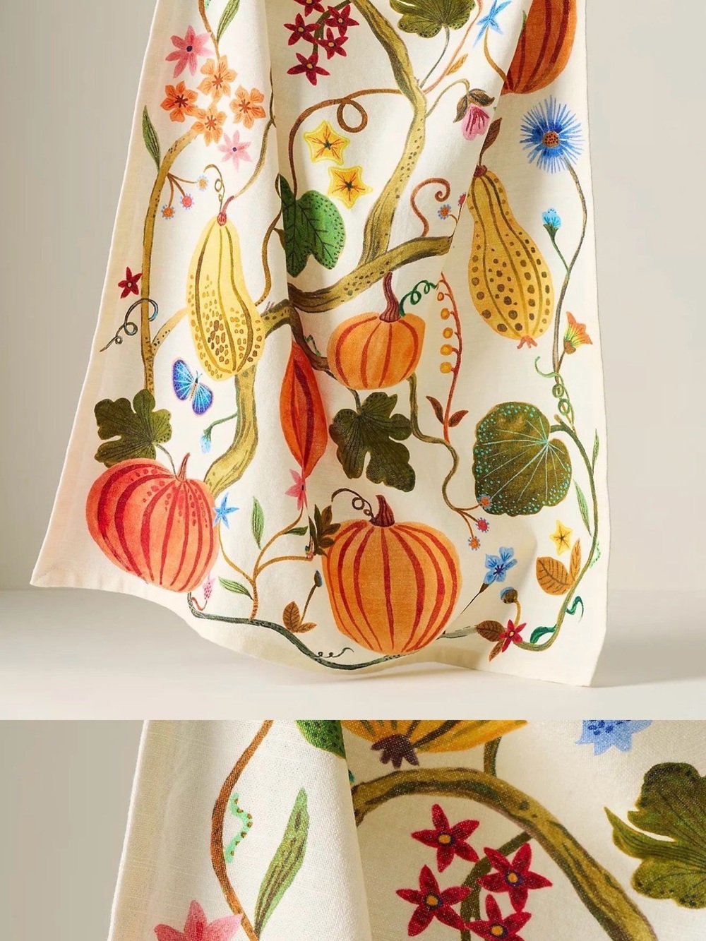 Anthropologie Decorative Pumpkin Vine Kitchen Towel - Cream and Orange